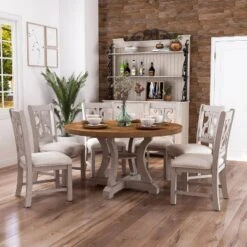 7pc Lexin Rustic Round Dining Table Set Distressed White/ Distressed Dark Oak - MiBasics