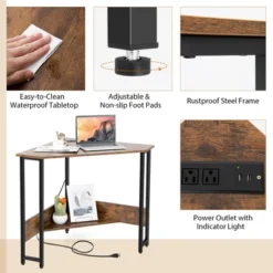 Costway Triangle Computer Desk Corner Desk Home Office With Power Outlets USB Ports Black/Rustic -Furniture Sale Store GUEST 6f4b58a6 d19d 461e 810c 57fc7389a9ec