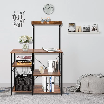 Costway 4-Tier Vintage Kitchen Baker's Rack Utility Microwave Stand W/ Basket & 5 Hooks 3 Costway 4-Tier Vintage Kitchen Baker's Rack Utility Microwave Stand W/ Basket & 5 Hooks - Image 3