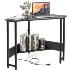 Costway Triangle Computer Desk Corner Desk Home Office With Power Outlets USB Ports Black/Rustic -Furniture Sale Store GUEST 71d3fb04 4496 43d3 b6d2 2cfecc9744d7