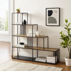 Furniture Sale Store 15 55.5" Modern 4 Shelf With Metal Bar Room Divider Bookcase Coastal Oak/Black - Saracina Home