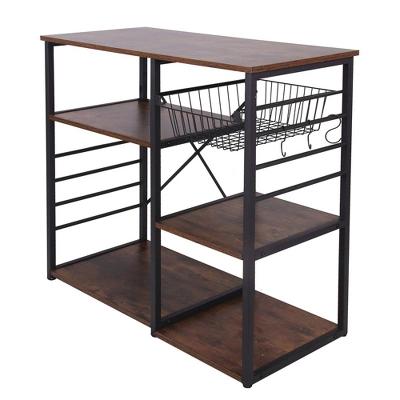 Wood And Metal Bakers Rack With 4 Shelves And Wire Basket Brown/Black - Benzara 2 Wood And Metal Bakers Rack With 4 Shelves And Wire Basket Brown/Black - Benzara - Image 2