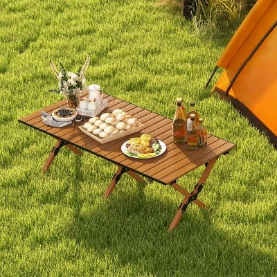 Costway Folding Aluminum Camping Table With Carry Bag Roll-Up Picnic Table With Wood Grain 1 Costway Folding Aluminum Camping Table With Carry Bag Roll-Up Picnic Table With Wood Grain