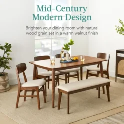 Best Choice Products 6-Piece Mid-Century Modern Dining Set, Upholstered Wooden Table & Chair Set W/ 4 Chairs, Bench