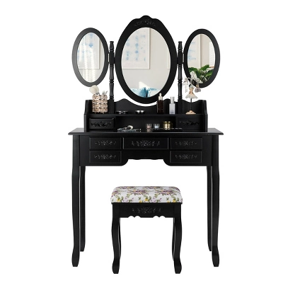 Tangkula Tri-Folding Mirror Vanity Makeup Set Dressing Table & Stool Unit W/ 7 Drawer 6 Tangkula Tri-Folding Mirror Vanity Makeup Set Dressing Table & Stool Unit W/ 7 Drawer - Image 6