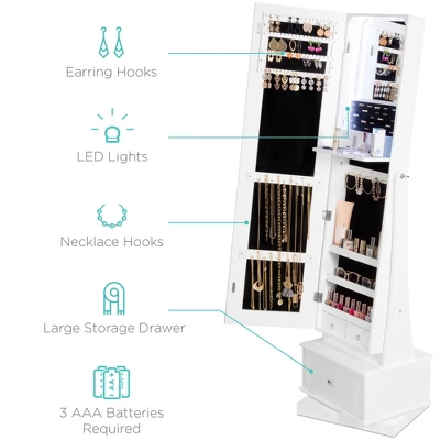 Best Choice Products 360 Swivel Standing Mirrored Jewelry Cabinet, LED-Lit Makeup Organizer W/ Mirror - White 4 Best Choice Products 360 Swivel Standing Mirrored Jewelry Cabinet, LED-Lit Makeup Organizer W/ Mirror - White - Image 4