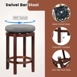 Costway Set Of 2 Upholstered Swivel Round Bar Stools 26'' Wooden Pub Kitchen Chairs Gray -Furniture Sale Store GUEST 81049480 5496 4020 ae88 b45fb0505b6d