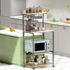 Bestier 4 Tier Shelves Portable Utility Kitchen Storage Baker's Rack Organizer Cart Stand With Adjustable Wheels And Side Hooks, 49 Inch, Oak -Furniture Sale Store GUEST 813e332a dd06 41fd 85ac 9c39ccb6bbe5