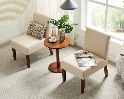 Carl Armless Fabric Upholstered Accent Chair Set Of 2 With Round Wood Side Table Slipper Chairs Sets-Maison Boucle 1 Carl Armless Fabric Upholstered Accent Chair Set Of 2 With Round Wood Side Table Slipper Chairs Sets-Maison Boucle