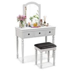 Costway Vanity Table Set Makeup Desk Cushioned Stool 3 Drawer Large Mirror White/Walnut -Furniture Sale Store GUEST 8821c51e e8e4 420a 9c14 c4e33c188562