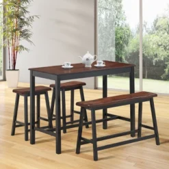 Costway 4 Pcs Solid Wood Counter Height Table Set W/ Height Bench & Two Saddle Stools Brown -Furniture Sale Store GUEST 8baa4e6a 93d8 4ea1 8c86 5f51f5e670a9