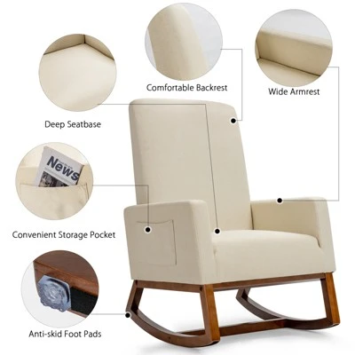 Tangkula Mid Century Rocking Chair Comfortable Rocker Modern High Back Armchair Beige 5 Tangkula Mid Century Rocking Chair Comfortable Rocker Modern High Back Armchair Beige - Image 5