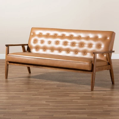 Sorrento Mid-Century Faux Leather Upholstered Wood Sofa Walnut/Brown - Baxton Studio 7 Sorrento Mid-Century Faux Leather Upholstered Wood Sofa Walnut/Brown - Baxton Studio - Image 7