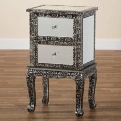 Wycliff Metal And Mirrored Glass 2 Drawer Nightstand Dark Gray/Silver - Baxton Studio -Furniture Sale Store GUEST 915a4453 d21e 40d9 821b f9b1a5ad188c