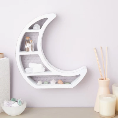 Farmlyn Creek Small Wooden Crescent Moon Wall Shelf For Crystals & Essential Oils, Rustic Home Wall Decor For Nursery, White, 10.7 X 11.2 X 2 In 2 Farmlyn Creek Small Wooden Crescent Moon Wall Shelf For Crystals & Essential Oils, Rustic Home Wall Decor For Nursery, White, 10.7 X 11.2 X 2 In - Image 2