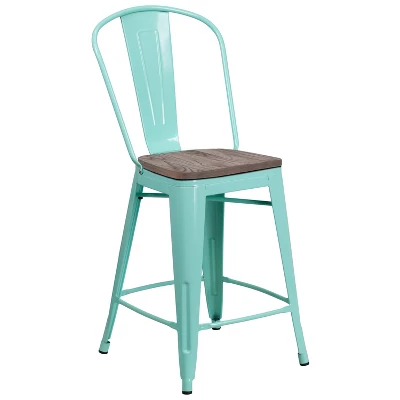 Merrick Lane 24" Metal Indoor-Outdoor Counter Stool With Vertical Slat Back, Integrated Footrest And Wood Seat 6 Merrick Lane 24" Metal Indoor-Outdoor Counter Stool With Vertical Slat Back, Integrated Footrest And Wood Seat - Image 6