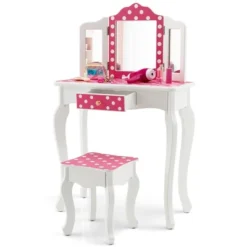 Costway Kid Vanity Set Wooden Makeup Table Stool Tri-Folding Mirror Polka Dot Print Pink -Furniture Sale Store GUEST 95e7fe05 7631 41ca 84b4 e1b451680738