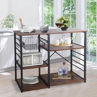 Wood And Metal Bakers Rack With 4 Shelves And Wire Basket Brown/Black - Benzara 7 Wood And Metal Bakers Rack With 4 Shelves And Wire Basket Brown/Black - Benzara - Image 7