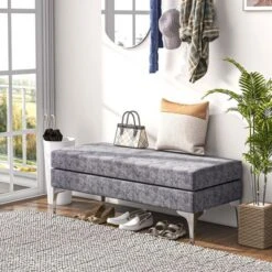 Furniture Sale Store 33 HOMCOM 47.75 Inches End Of Bed Bench, Upholstered Entryway Bench With Double Layer Seat Cushions And Steel Legs, Bedroom Bench