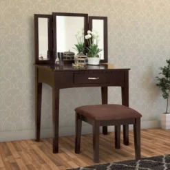 Wooden Vanity Table With 3 Panel Mirror And Padded Stool Brown - Benzara 7 Wooden Vanity Table With 3 Panel Mirror And Padded Stool Brown - Benzara -Furniture Sale Store GUEST 9619d486 9469 49f5 901a a7a4f84b9d76
