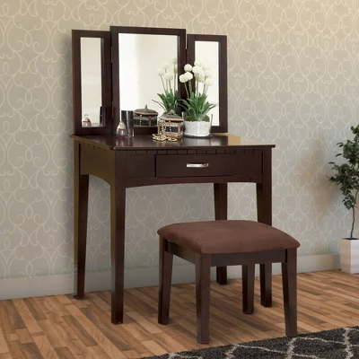 Wooden Vanity Table With 3 Panel Mirror And Padded Stool Brown - Benzara 4 Wooden Vanity Table With 3 Panel Mirror And Padded Stool Brown - Benzara - Image 4