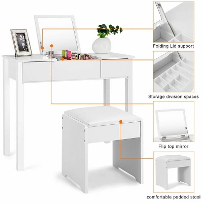 Costway White Vanity Dressing Table Furniture Stool Storage Box 2 Costway White Vanity Dressing Table Furniture Stool Storage Box - Image 2