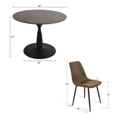 Harold+Bingo Modern 5 Piece Black Round Dining Table Set With Black Faux Leather Dining Chairs Set Of 4 With Walnut Finish Legs-Maison Boucle 3 Harold+Bingo Modern 5 Piece Black Round Dining Table Set With Black Faux Leather Dining Chairs Set Of 4 With Walnut Finish Legs-Maison Boucle - Image 3