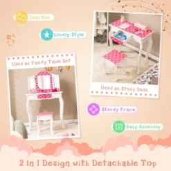 Costway Kid Vanity Set Wooden Makeup Table Stool Tri-Folding Mirror Polka Dot Print Pink -Furniture Sale Store GUEST 9918f93e b07d 468a 88e8 ba911013edd6
