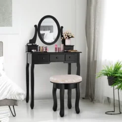 Costway Vanity Table Makeup Table Cushioned Mirror 5 Drawers Black -Furniture Sale Store GUEST 9d83b4d6 36c8 49ec a05b 2e1f31fe3b60