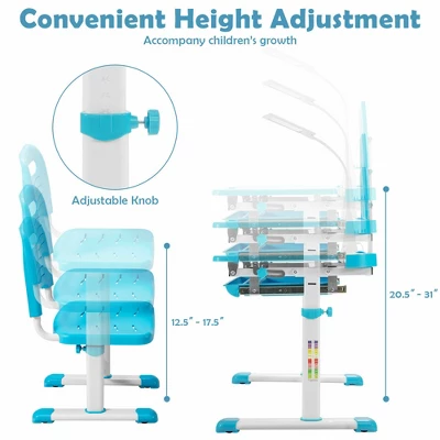 Costway Height Adjustable Kids Study Table And Chair Set W/Bookstand & Light Pink/Light Blue 7 Costway Height Adjustable Kids Study Table And Chair Set W/Bookstand & Light Pink/Light Blue - Image 7