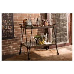 Jessica Rustic Industrial Style Textured Finish Metal Distressed Ash Wood Mobile Serving Bar Cart - Black & Brown - Baxton Studio -Furniture Sale Store GUEST a4213dff 65db 41b7 b429 3dab301a331c