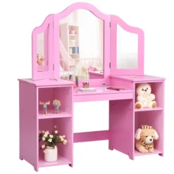 Costway Vanity Table Set Makeup Dressing Kids Girls Study Table Tri Folding Mirror WhitePink -Furniture Sale Store GUEST a9e084a4 8665 46b7 b704 7d5a0da74c60