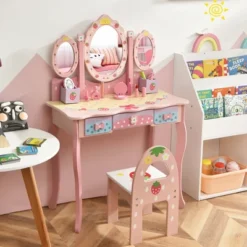 Costway Kids Vanity Princess Makeup Dressing Table Chair Set W/ Tri-fold Mirror Pink -Furniture Sale Store GUEST ad49fc21 e65a 4f89 a70b 986b71ec1009
