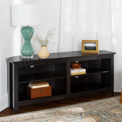 Transitional 4 Cubby Wood Open Storage Corner TV Stand For TVs Up To 65" - Saracina Home 1 Transitional 4 Cubby Wood Open Storage Corner TV Stand For TVs Up To 65" - Saracina Home
