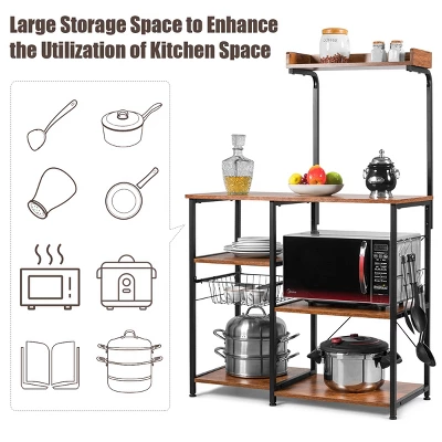 Costway 4-Tier Vintage Kitchen Baker's Rack Utility Microwave Stand W/ Basket & 5 Hooks 5 Costway 4-Tier Vintage Kitchen Baker's Rack Utility Microwave Stand W/ Basket & 5 Hooks - Image 5