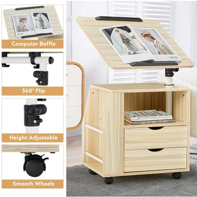 EROMMY 360 Degree Swivel Top Adjustable Height Bedside Nightstand End Table With Storage Drawers, Shelves, Lockable Wheels, & Computer Baffle, Natural 1 EROMMY 360 Degree Swivel Top Adjustable Height Bedside Nightstand End Table With Storage Drawers, Shelves, Lockable Wheels, & Computer Baffle, Natural