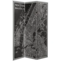6" Double Sided Map Of New York Canvas Room Divider Gray - Oriental Furniture