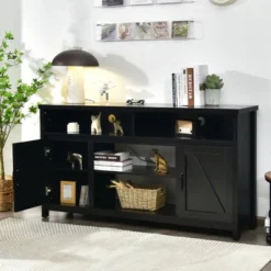 Costway 59'' TV Stand Media Center Console Cabinet W/ Barn Door For TV's 65'' NaturalBlackCoffee