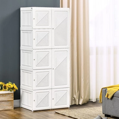HOMCOM Portable Wardrobe Closet, Folding Bedroom Armoire, Clothes Storage Organizer With Cube Compartments, Hanging Rod, Magnet Doors, White 2 HOMCOM Portable Wardrobe Closet, Folding Bedroom Armoire, Clothes Storage Organizer With Cube Compartments, Hanging Rod, Magnet Doors, White - Image 2