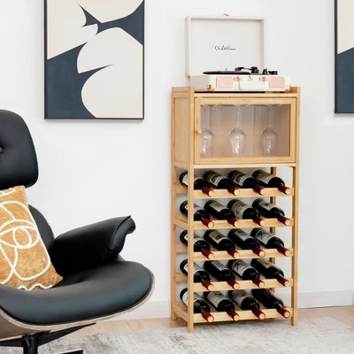 Costway 20-Bottle Bamboo Wine Rack Cabinet Freestanding Display Shelf W/ Glass Hanger 1 Costway 20-Bottle Bamboo Wine Rack Cabinet Freestanding Display Shelf W/ Glass Hanger