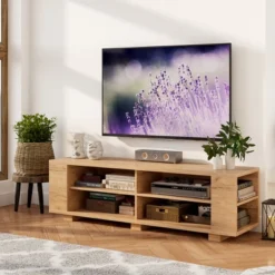 Costway 59'' Wood TV Stand Console Storage Entertainment Media Center With Shelf Natural