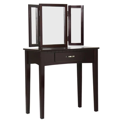 Wooden Vanity Table With 3 Panel Mirror And Padded Stool Brown - Benzara 1 Wooden Vanity Table With 3 Panel Mirror And Padded Stool Brown - Benzara