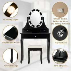 Costway Bedroom Vanity Set Makeup Dressing Table W/3 Drawers 10 LED Bulb Black -Furniture Sale Store GUEST bb59c28e 65a9 43c3 9273 0be105942c37