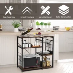Costway Industrial Kitchen Baker's Rack Microwave Stand Utility Storage Shelf W/ 6 Hooks Steel Black -Furniture Sale Store GUEST bc357fce 1955 4b57 8547 00224f3d8f9d