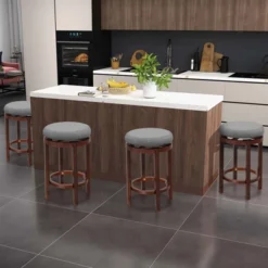 Costway Set Of 2 Upholstered Swivel Round Bar Stools 26'' Wooden Pub Kitchen Chairs Gray -Furniture Sale Store GUEST bc4866ad 6dc2 4548 91f5 f500796e69c1