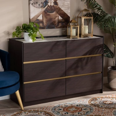 Walker Wood 6 Drawer Dresser With Faux Marble Top Dark Brown/Marble/Gold - Baxton Studio 6 Walker Wood 6 Drawer Dresser With Faux Marble Top Dark Brown/Marble/Gold - Baxton Studio - Image 6