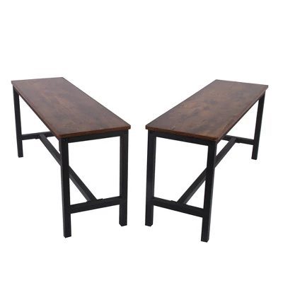 Set Of 2 Wooden Top Indoor Bench With Metal Legs Brown/Black - Benzara 1 Set Of 2 Wooden Top Indoor Bench With Metal Legs Brown/Black - Benzara