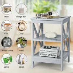 Costway 3-Tier Nightstand End Table X Design Storage Display Shelf Living Room Grey -Furniture Sale Store GUEST c3d21055 ccd9 4b37 992a 70262533778c