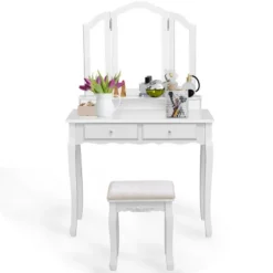 Costway Makeup Table Stool Set Tri Folding Mirror Vanity WhiteBlack 19 Costway Makeup Table Stool Set Tri Folding Mirror Vanity WhiteBlack -Furniture Sale Store GUEST c51262b6 5553 46fb 9ab5 5a5084f523a3