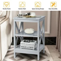 Costway 3-Tier Nightstand End Table X Design Storage Display Shelf Living Room Grey -Furniture Sale Store GUEST c5ea569b ce67 4651 a789 e4595b52c56e